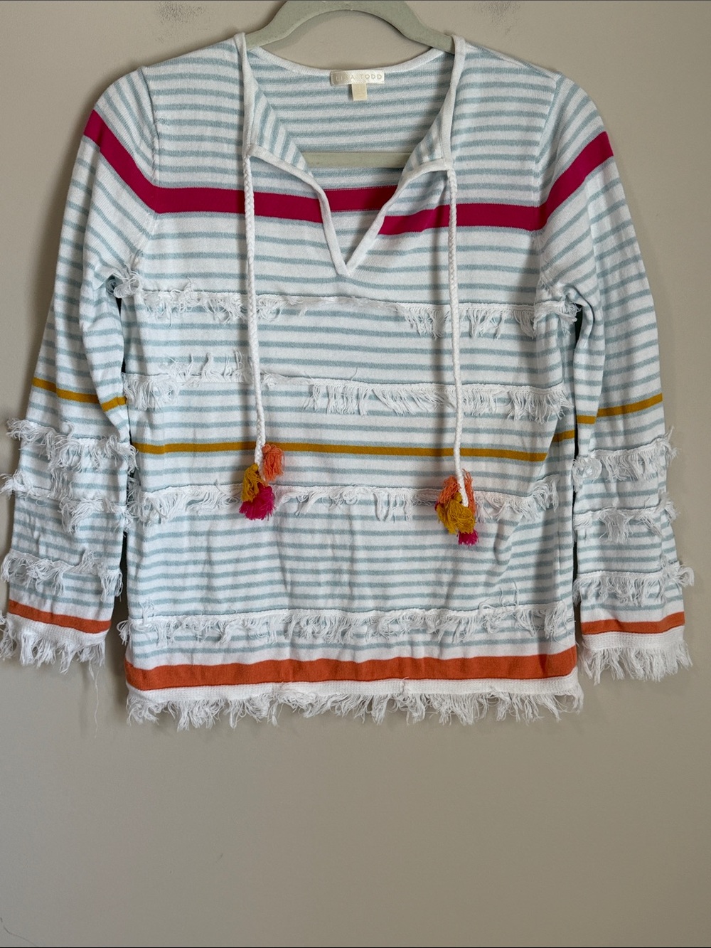 Lisa Todd Cotton Pullover Sweater Tassel Striped Rainbow Nautical Sz Small